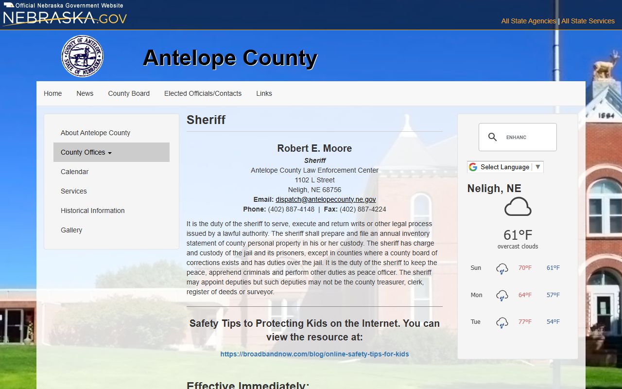 Antelope County sheriff page for inmate population and jail records
