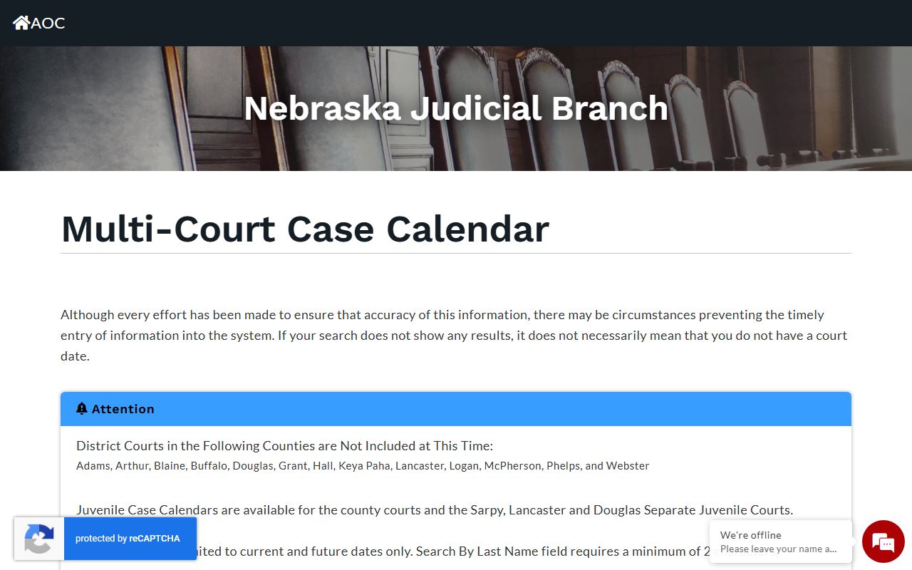 Nebraska court calendar for Antelope County court records after jail arrest